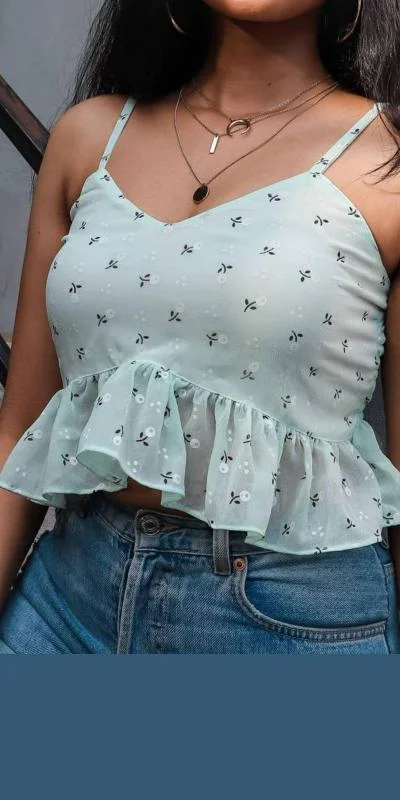 Green Ruffle Peplum Crop Top Welt Pockets Slit Pockets Flap Pockets