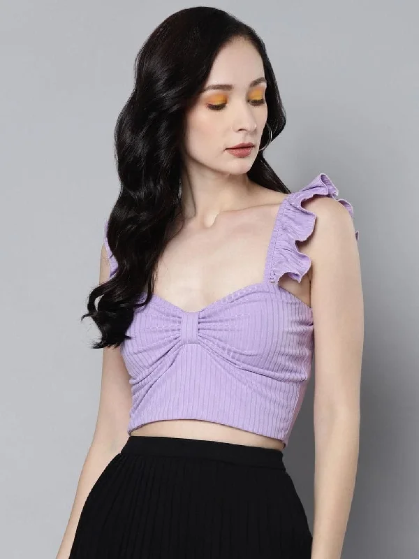 Sassafras Women's Solid Lavender Rib Sweetheart Neck Crop Top Knit Fabric Woven Fabric Fleece Fabric