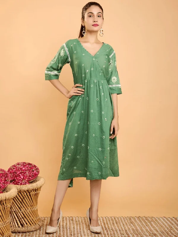 Green Mul Tie Dye Dress Tunics Evening elegant