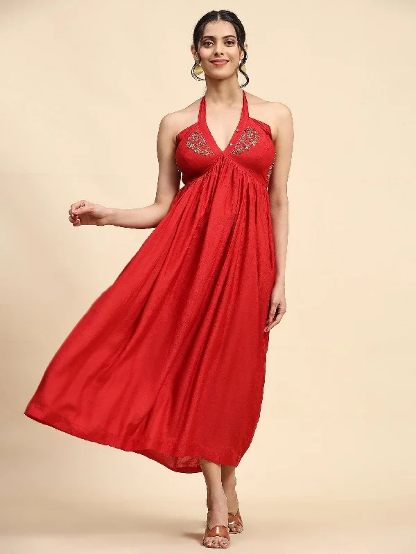Red Zardozi Chanderi Tie Up Dress Tunics Solid Classic