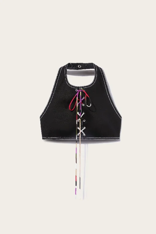 Lace-Up Crop Top Ribbed Striped Patterned