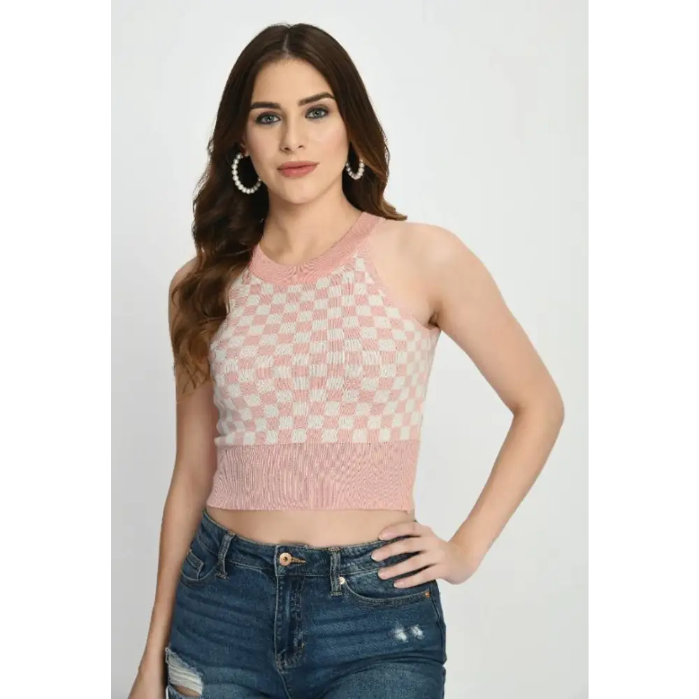 Trendy Wool Sleeveless Crop Top Handmade Hand-knitted Hand-woven