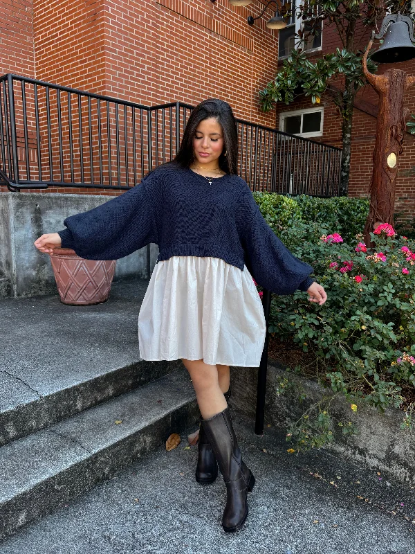 Navy & Beige Oversized Knit Sweater Dress Chenille Blend Fleece Blend Nylon Blend