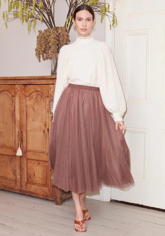 Jovonna Verdie Tulle Midi Skirt, Brown wool skirt sturdy