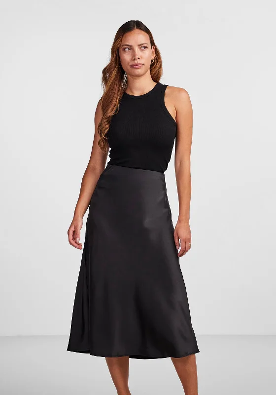 Y.A.S Pella High Waist Satin Midi Skirt, Black denim skirt stylish