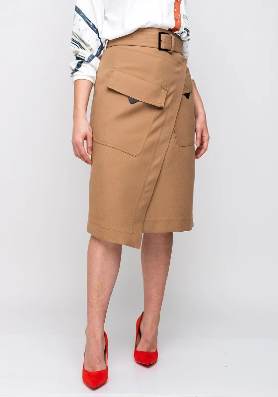 Lily Wrap Over Belted Midi Skirt, Brown button skirt front
