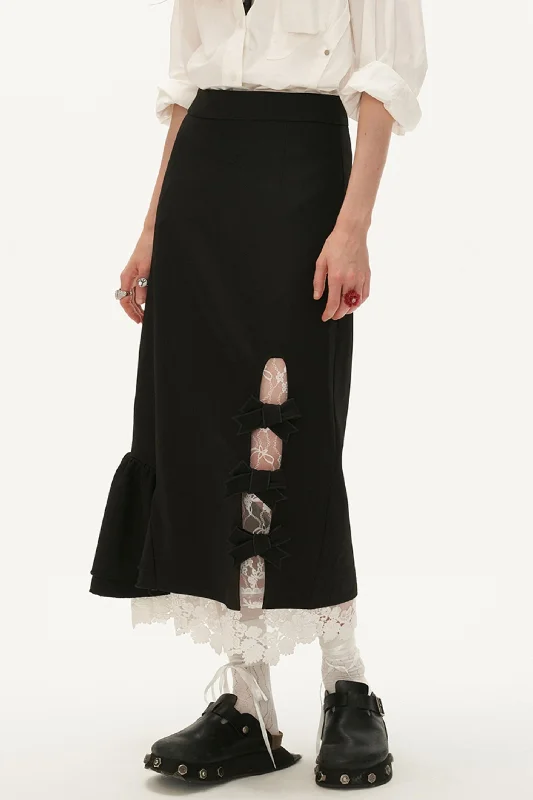 Lace Bow Slit Skirt velvet skirt luxury