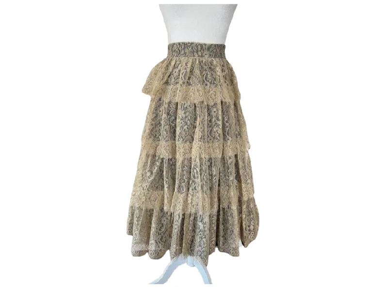 Christian Dior Paris Gold Floral Lace Tiered Skirt chiffon skirt airy