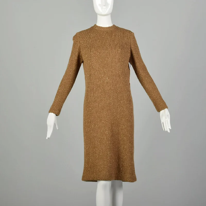 Medium 1970s Sweater Dress Cocktail Metallic Gold Cozy Ribbed Knit Print Jacquard Patchwork Medium 1970s Sweater Dress Cocktail Metallic Gold Cozy Ribbed Knit Print Jacquard Patchwork