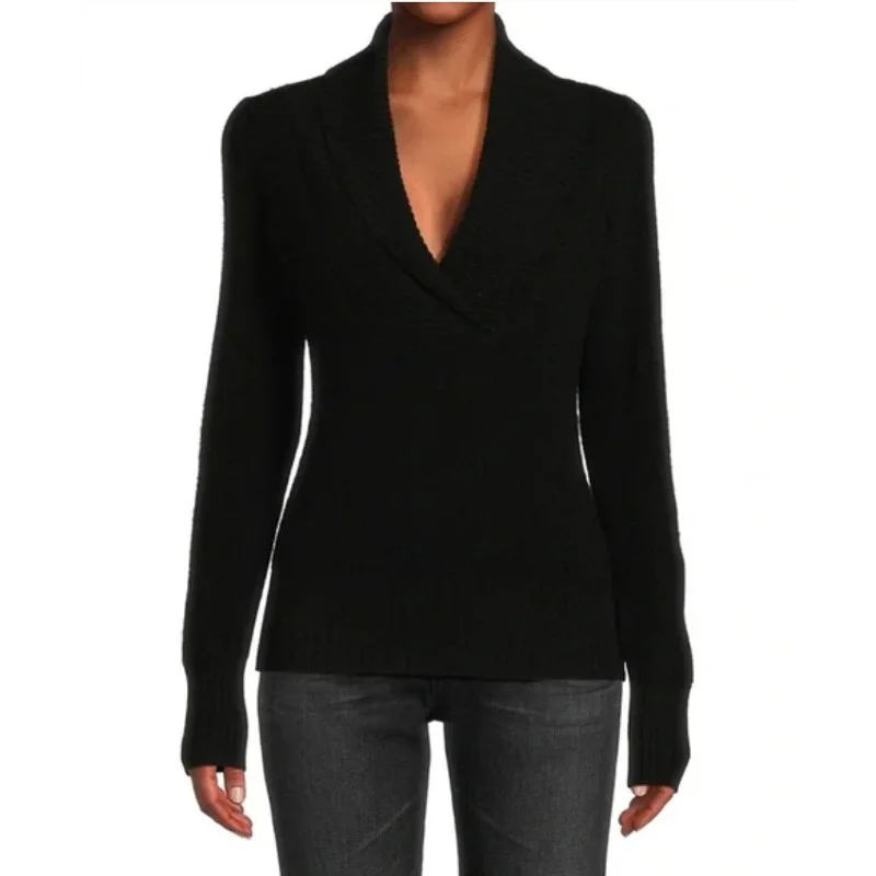 DESIGN HISTORY Womens Cashmere Sweater Small Black Real Fur Shearling Chenille