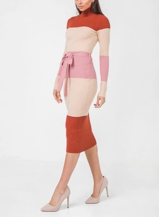 Midi Color blocked Sweater dress Seamless Knitted Crochet