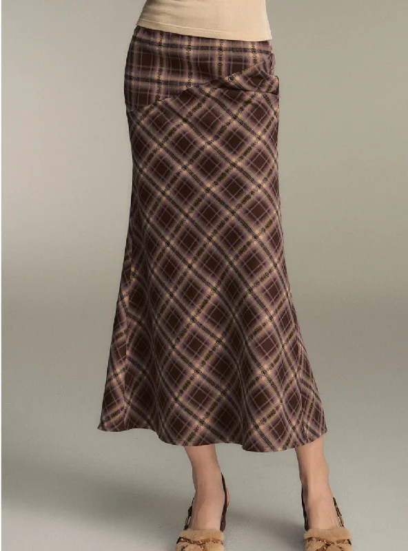 Retro Brown Check Long Mermaid Skirt chiffon skirt lightweight
