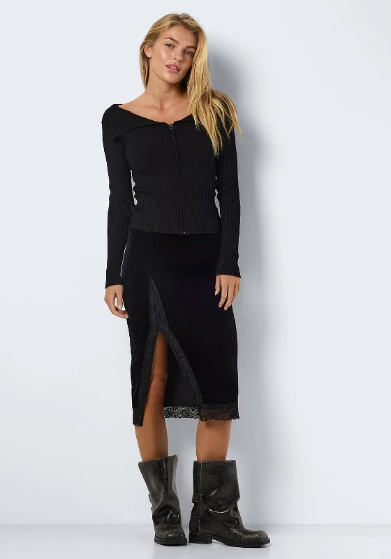 Noisy May Ward Velvet Lace Midi Skirt, Black chiffon skirt delicate