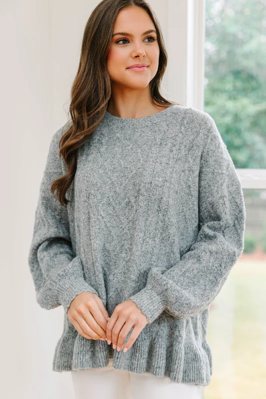 Easy Decisions Heather Gray Ruffled Sweater Chenille Brocade Lace