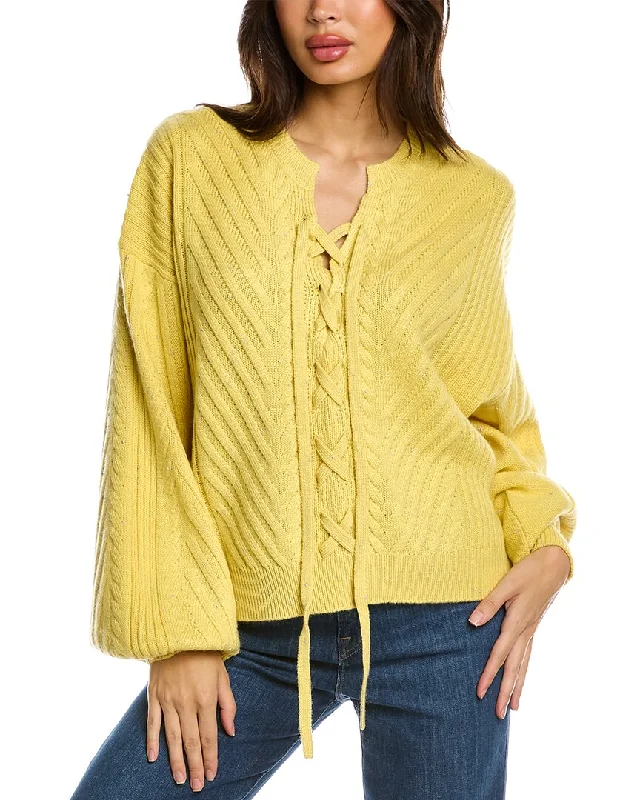 Elie Tahari Balloon Sleeve Wool-Blend Sweater Mesh Blend Leather Blend Suede Blend