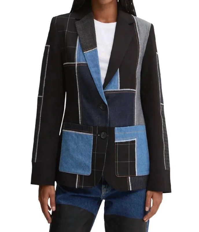 Color Block Suit Jacket In Black/denim Satin Jacket Silk Jacket Chiffon Jacket