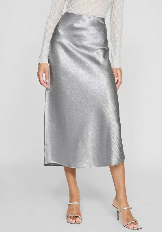 Vila Dinne Metallic Satin Midi Skirt, Silver silk skirt luxurious