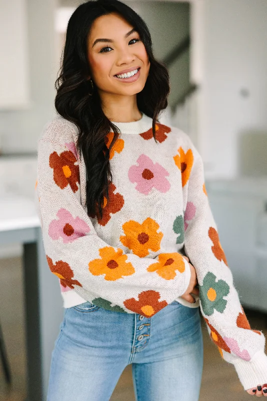 Everyday Fun Cream White Floral Sweater Fleece Sweater Nylon Polyester