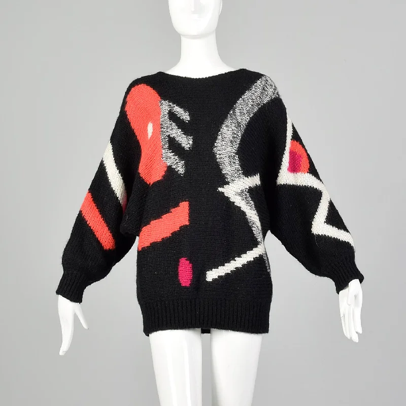Medium Adolfo 1990s Black Geometric Sweater Soft Cozy Warm