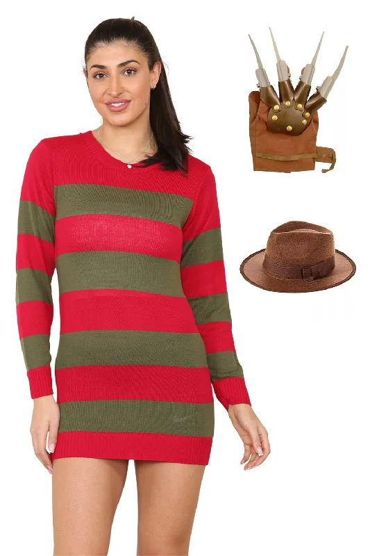 Women's Red and Green Knitted Jumper, Hat & Claw Glove Costume Set - Halloween Fancy Dress, Horror Cosplay Outfit, Striped Sweater with Matching Beanie Hat and Claw Gloves Slim Fit Regular Fit Oversized Women's Red and Green Knitted Jumper, Hat & Claw Glove Costume Set - Halloween Fancy Dress, Horror Cosplay Outfit, Striped Sweater with Matching Beanie Hat and Claw Gloves Slim Fit Regular Fit Oversized
