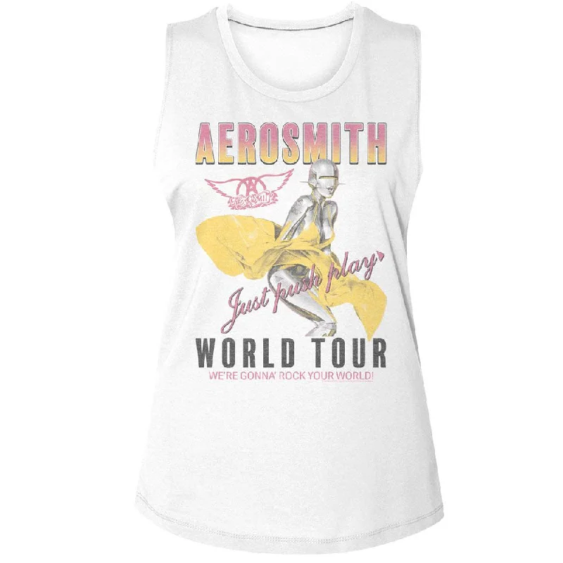 Women Exclusive AEROSMITH Tank, Just Push Play white tank top