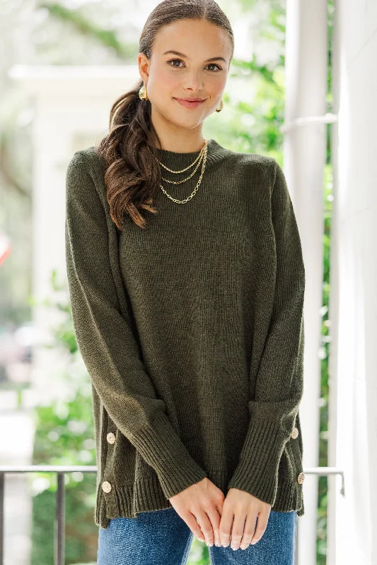 The Slouchy Olive Green Side Button Sweater Solid Print Embellished