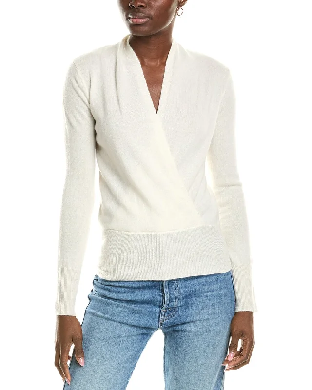 sofiacashmere Modern Faux Wrap Cashmere Sweater Solid Color Striped Floral Print