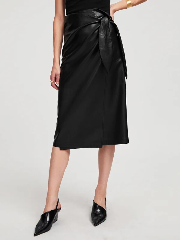 Black Long Wrap Vegan Leather Midi Skirt leather skirt sleek