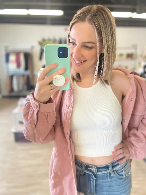 Ribbed High-Neck Cropped Tank in White sequin tank top