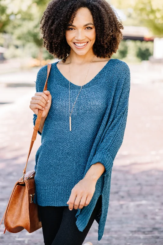 Don't Waste A Moment Teal Blue Oversized Sweater Real Fur Shearling Chenille
