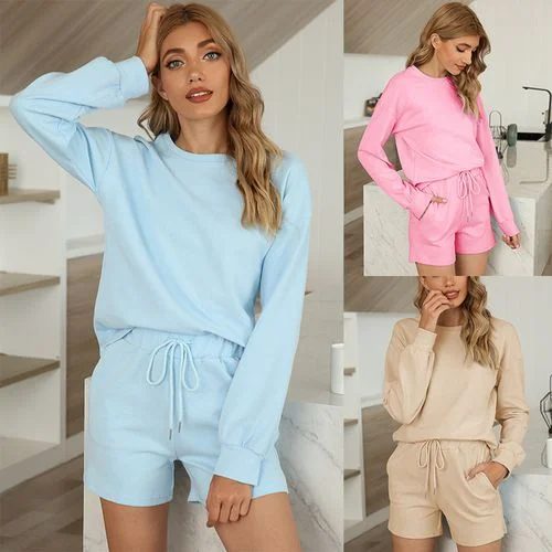 Women Long Sleeve Shorts Sweater Pajamas Two-piece Suit Linen Cotton Home Wear with Pockets Neon Metallic Matte Women Long Sleeve Shorts Sweater Pajamas Two-piece Suit Linen Cotton Home Wear with Pockets Neon Metallic Matte