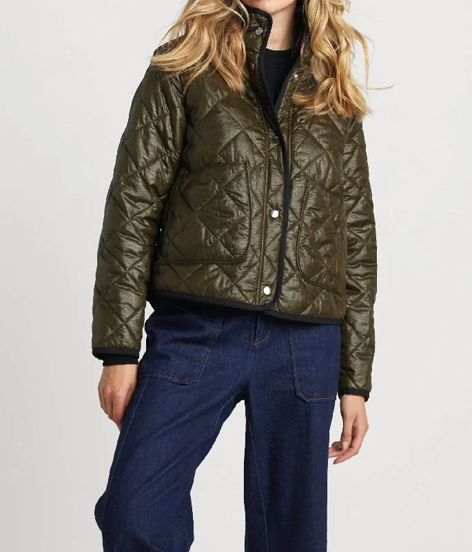 Shelby Short Hooded Quilted Jacket In Army Green Front Pockets Side Pockets Patch Pockets Shelby Short Hooded Quilted Jacket In Army Green Front Pockets Side Pockets Patch Pockets