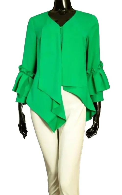 Stretch Jacket With Ruffle Front Sleeves In Jade Satin Fabric Silk Fabric Chiffon Fabric Stretch Jacket With Ruffle Front Sleeves In Jade Satin Fabric Silk Fabric Chiffon Fabric