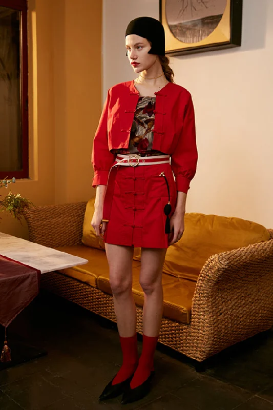 Rimless | Red Handmade Frog Buttons Skirt corduroy skirt durable