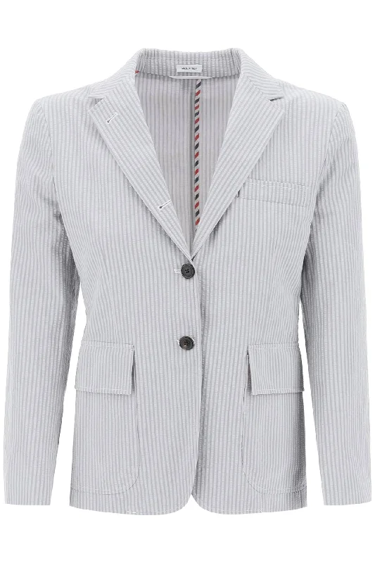 Thom e Women's Seersucker Single-Breasted Jacket Zippered Front Buttoned Front Snap Front Thom e Women's Seersucker Single-Breasted Jacket Zippered Front Buttoned Front Snap Front