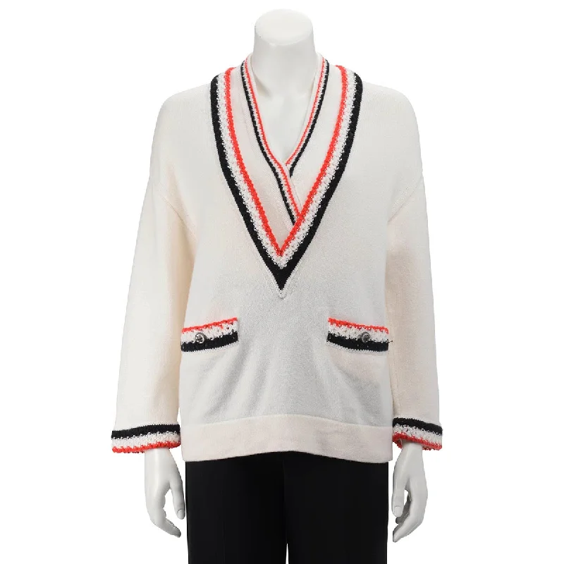 Chanel Cream Cashmere V-Neck Braided Trim Sweater FR 36 Toggled Drawstring Belted