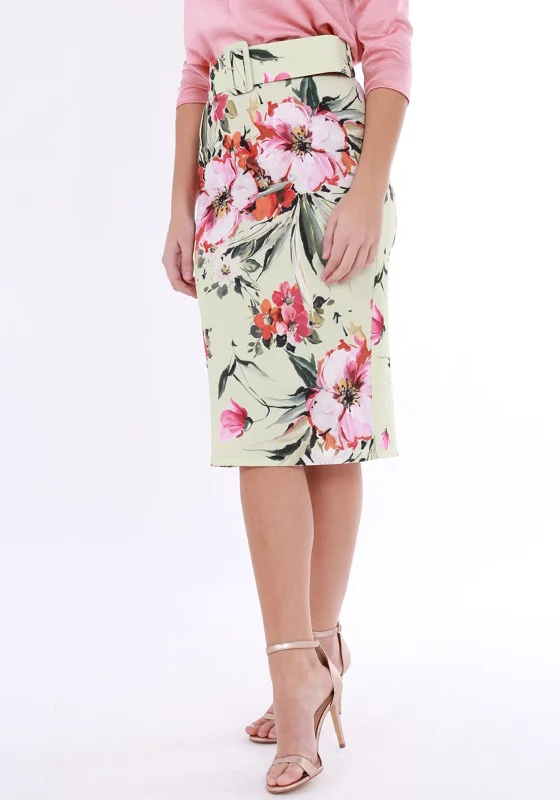 Cayro Belted Floral Pencil Skirt, Mint Green ruffled skirt detail