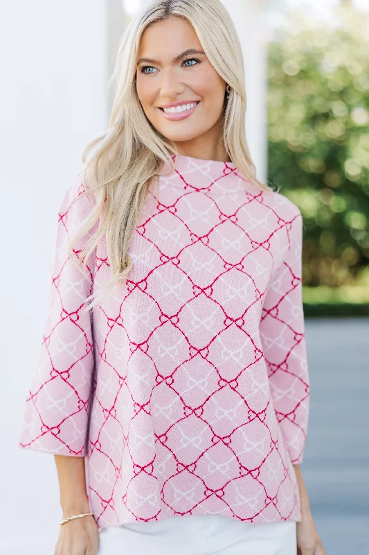 Just A Feeling Pink Bow Print Mock Neck Sweater Mesh Sweater Canvas Denim
