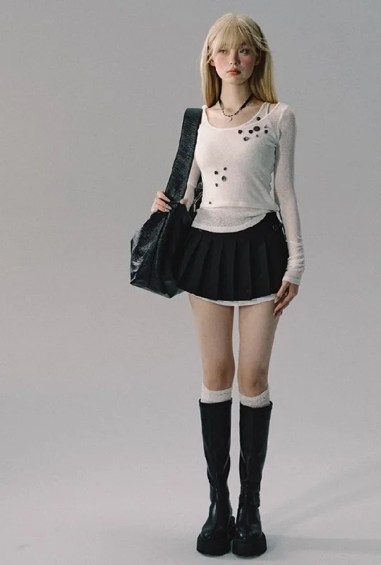 Button Pleated Tennis Skirt leather skirt bold