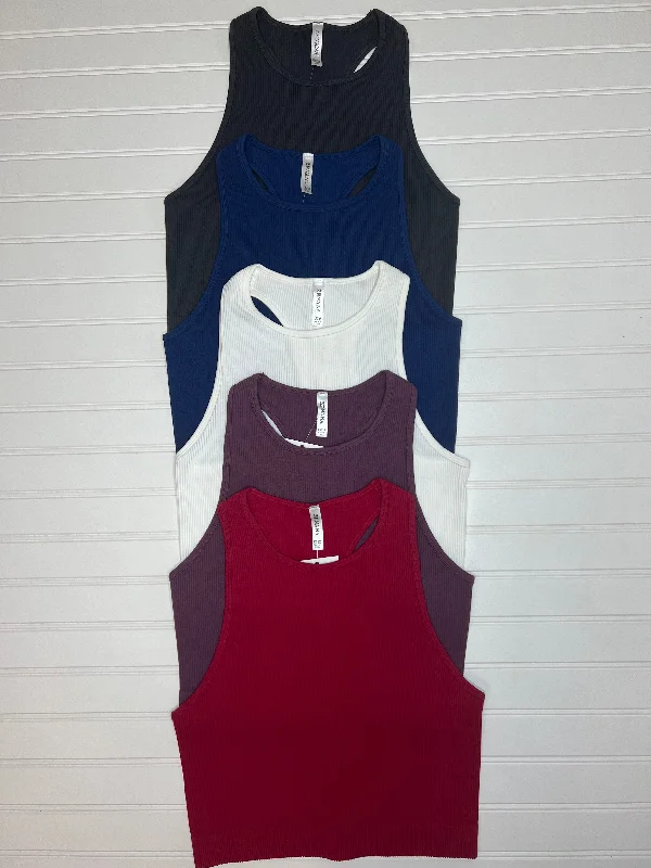 Ribbed High-Neck Cropped Tank in Burgundy glitter tank top