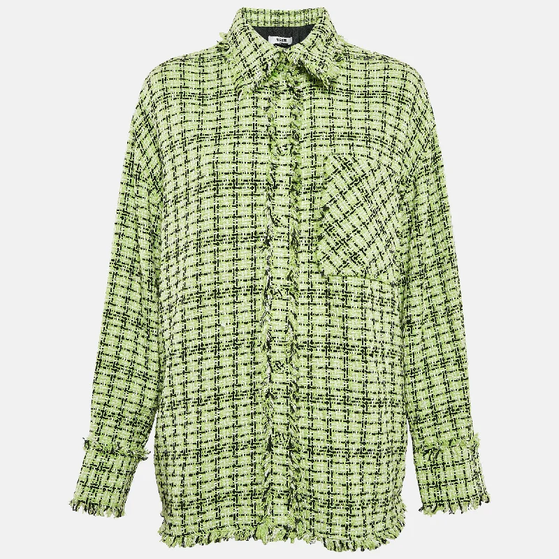 Msgm Green Tweed Fringed Jacket S Jersey Jacket Tulle Jacket Batik Jacket