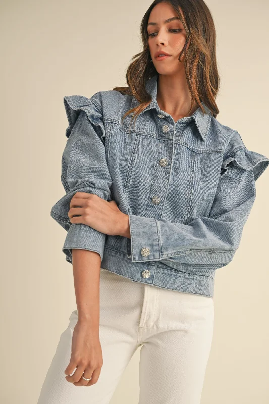 Gemma Jacket | Light Denim Hooded Jacket Caped Jacket Shawl Collar Jacket
