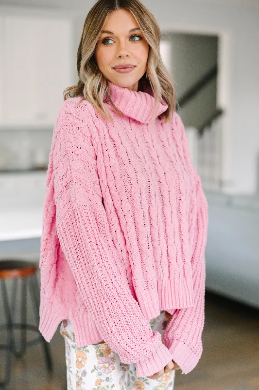 Better Get Going Pink Cable Knit Sweater Front Pockets Side Pockets Patch Pockets