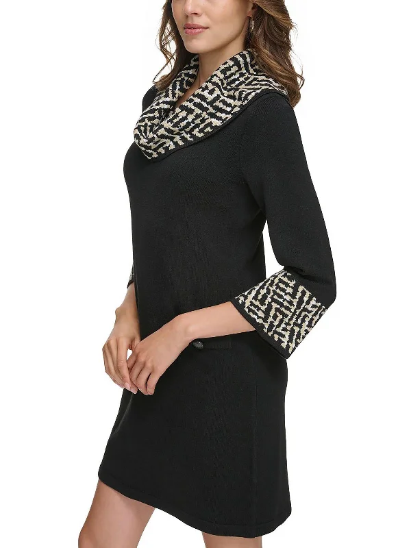 Petites Womens Cowl Neck Mini Sweaterdress Velvet Chenille Corduroy