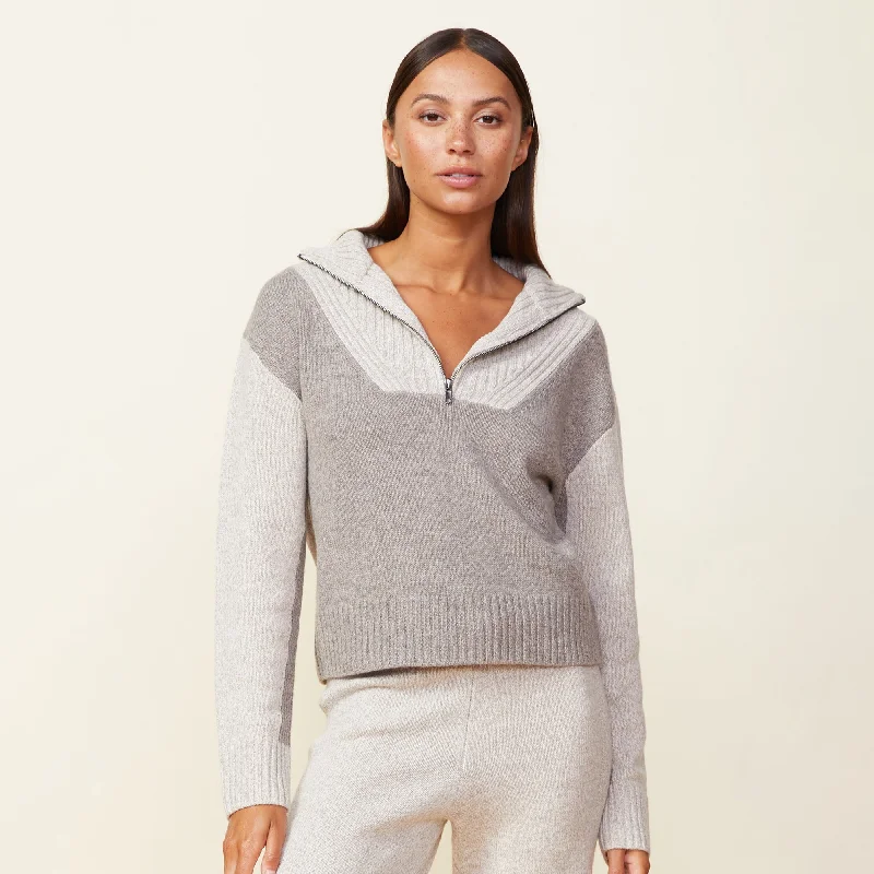 Wool Cashmere Marled Colorblock Half Zip Sweater Mesh Blend Leather Blend Suede Blend