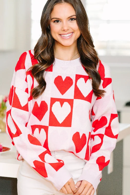 Let Your Love Shine Red Heart Sweater Welt Pockets Slit Pockets Flap Pockets