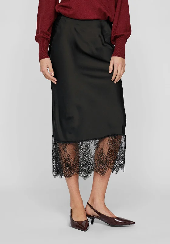 Vila Schasta Lace Trim Satin Midi Skirt, Black leather skirt modern