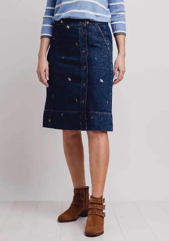 White Stuff Tint Embroidered Denim Skirt, Navy wool skirt warm