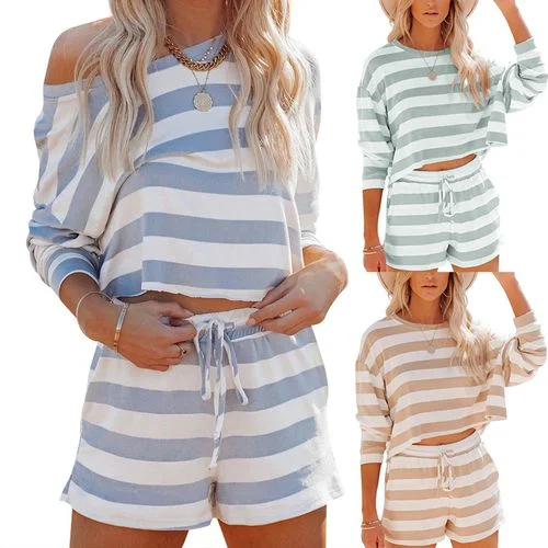 Women Long-sleeved Striped Sweater Shirt Shorts Sports Two-piece Suit Transparent Opaque Sheer Women Long-sleeved Striped Sweater Shirt Shorts Sports Two-piece Suit Transparent Opaque Sheer