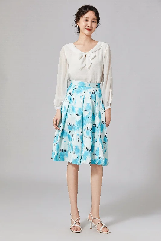 LINDONG | Karine Blue Print Skirt linen skirt breathable